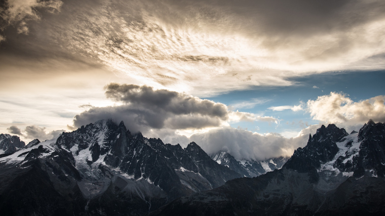 Mountain peaks, clouds, landscape from Chamonix wallpaper 1280x720