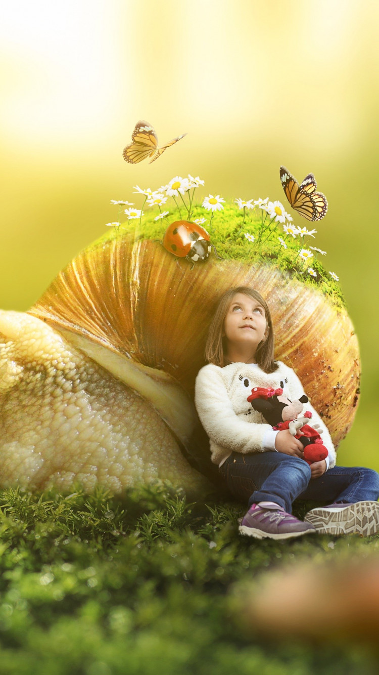 Fantasy: Snail, ladybug, butterfly, child wallpaper 750x1334