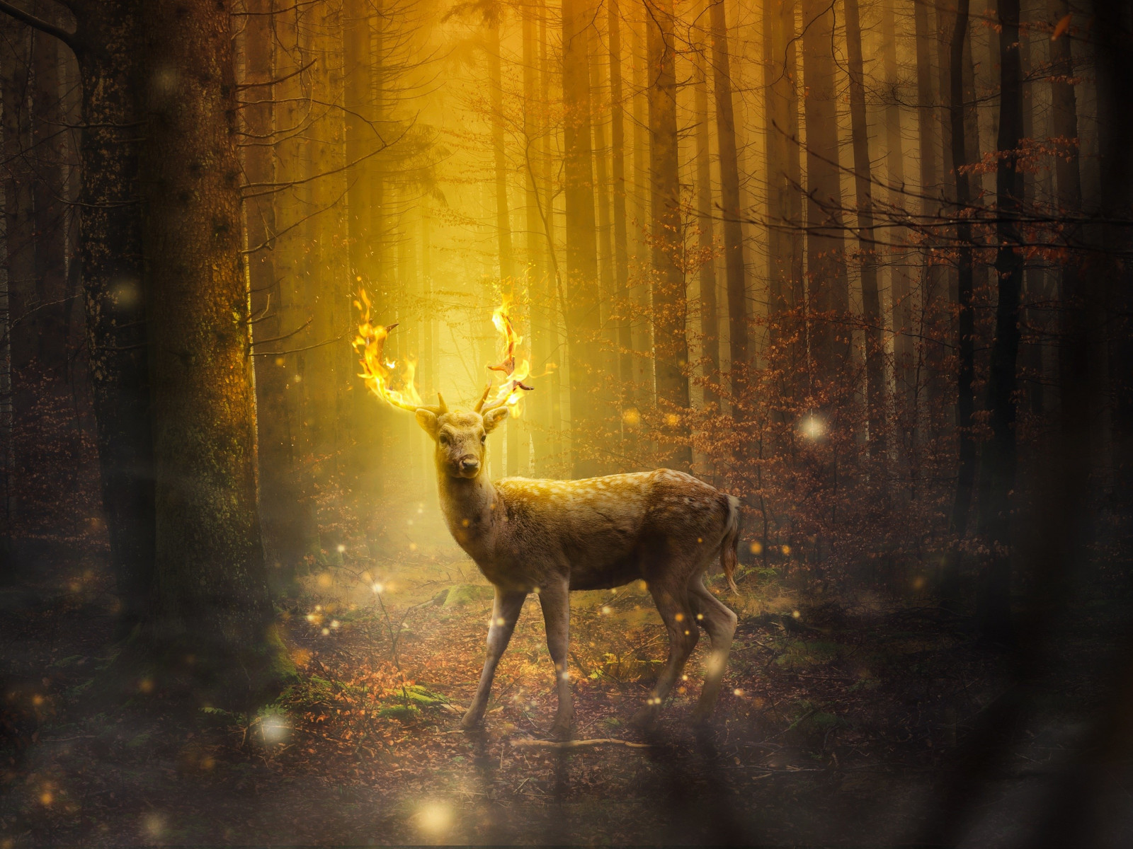 Fantasy, stag, horns, flames wallpaper 1600x1200