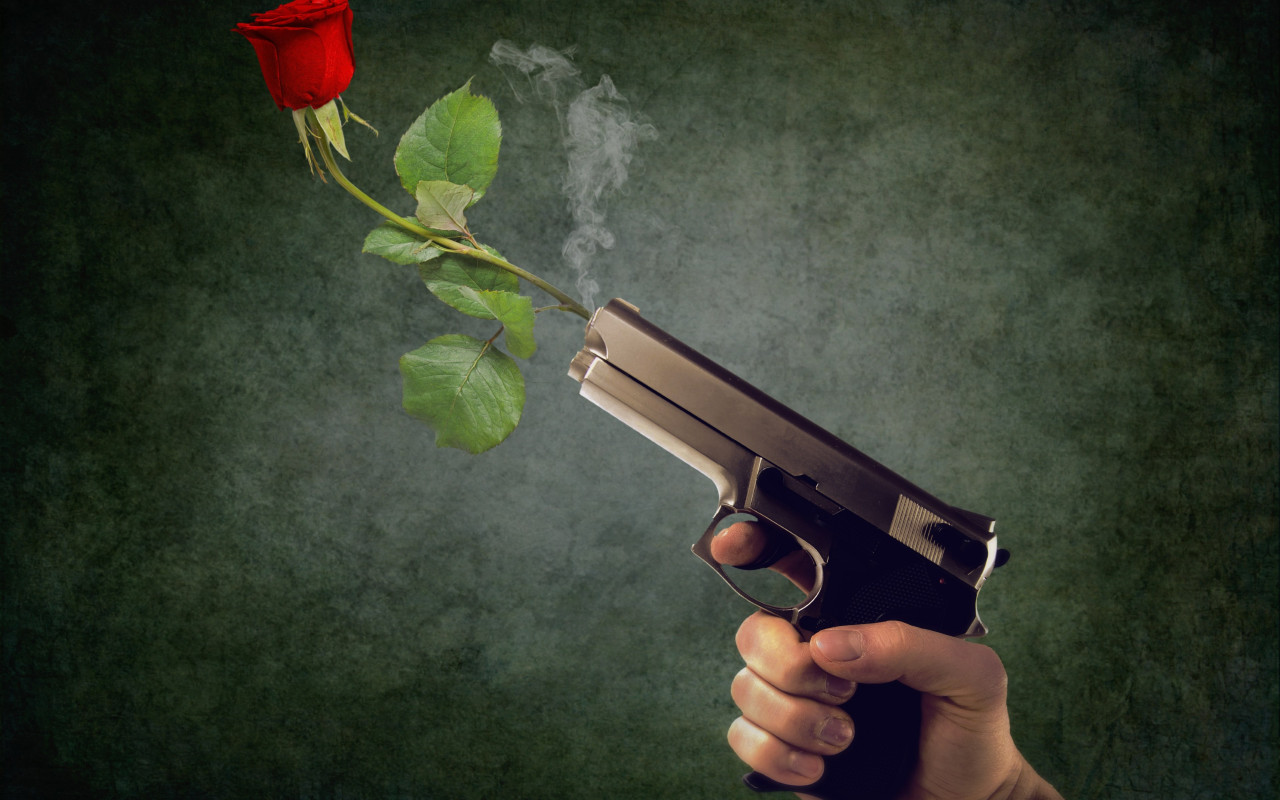 Peaceful act. Pistol and red rose wallpaper 1280x800