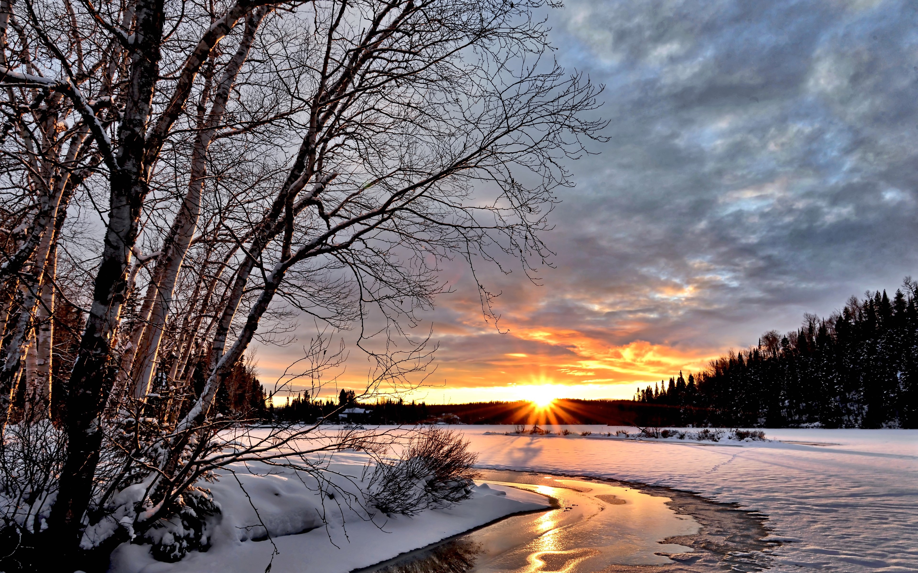Sunset over the Winter landscape wallpaper 3840x2400