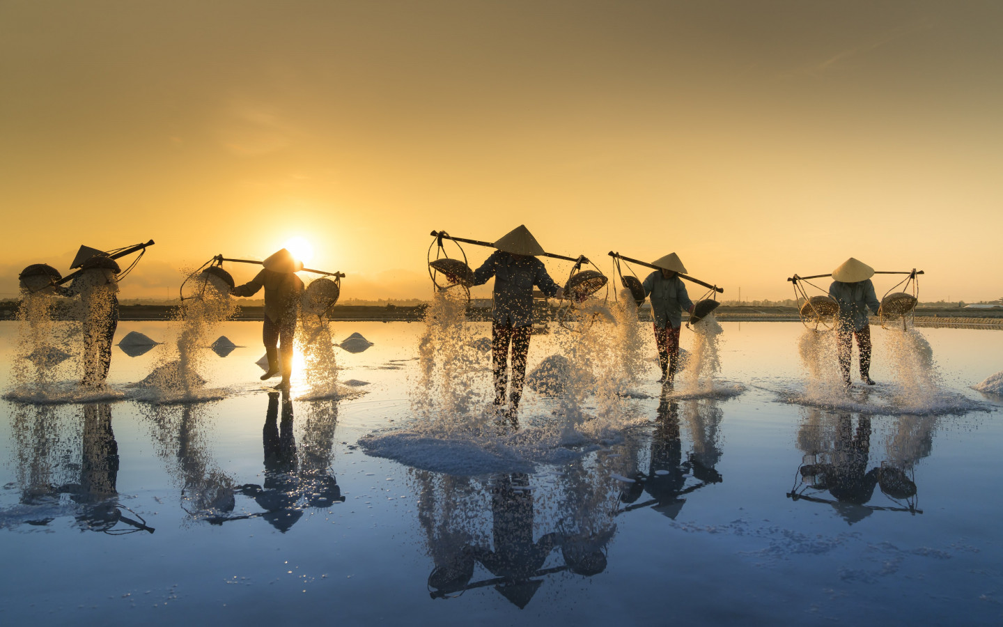 People harvesting salt in Vietnam wallpaper 1440x900