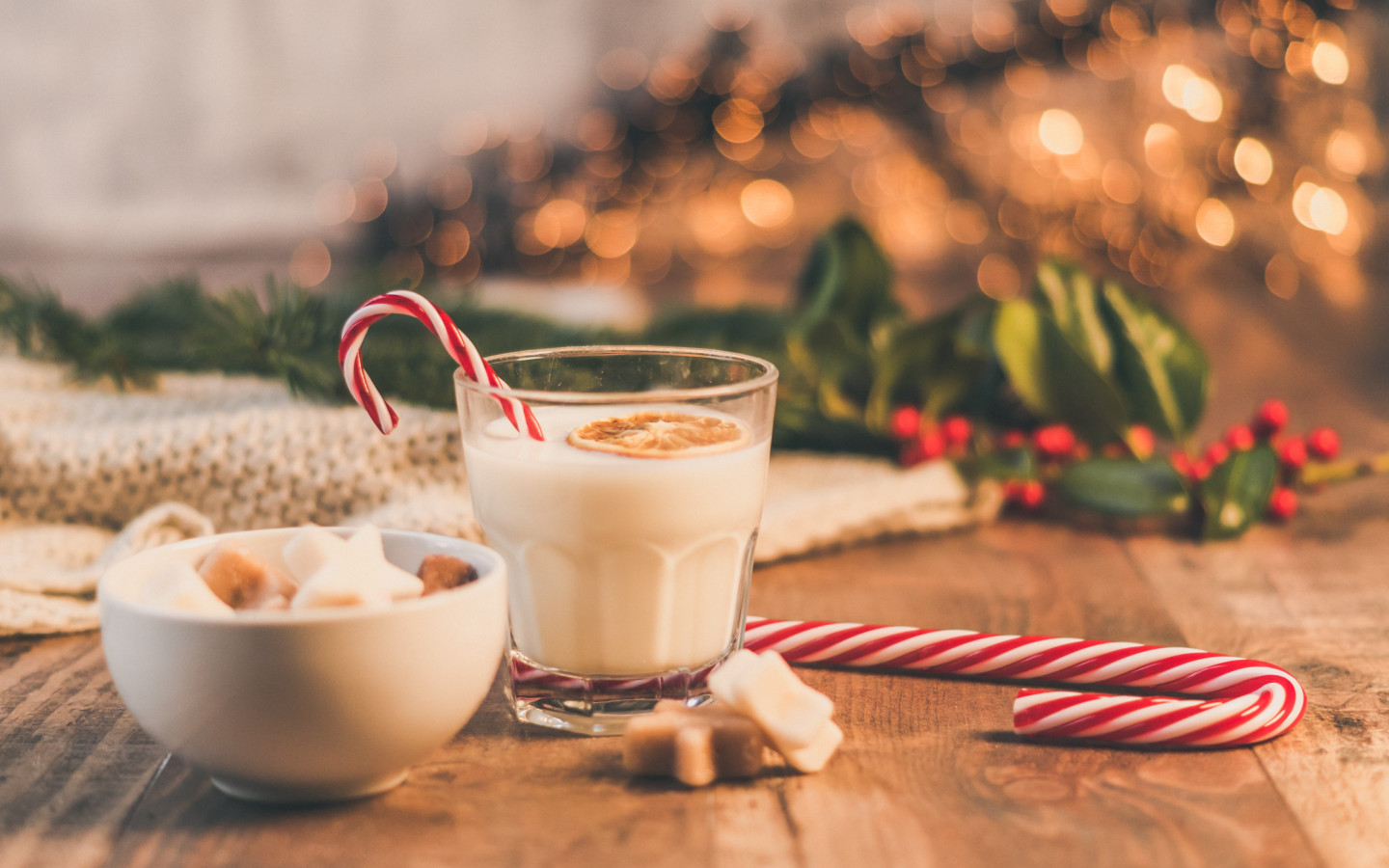 Seasonal Christmas sweets and cup of milk wallpaper 1440x900