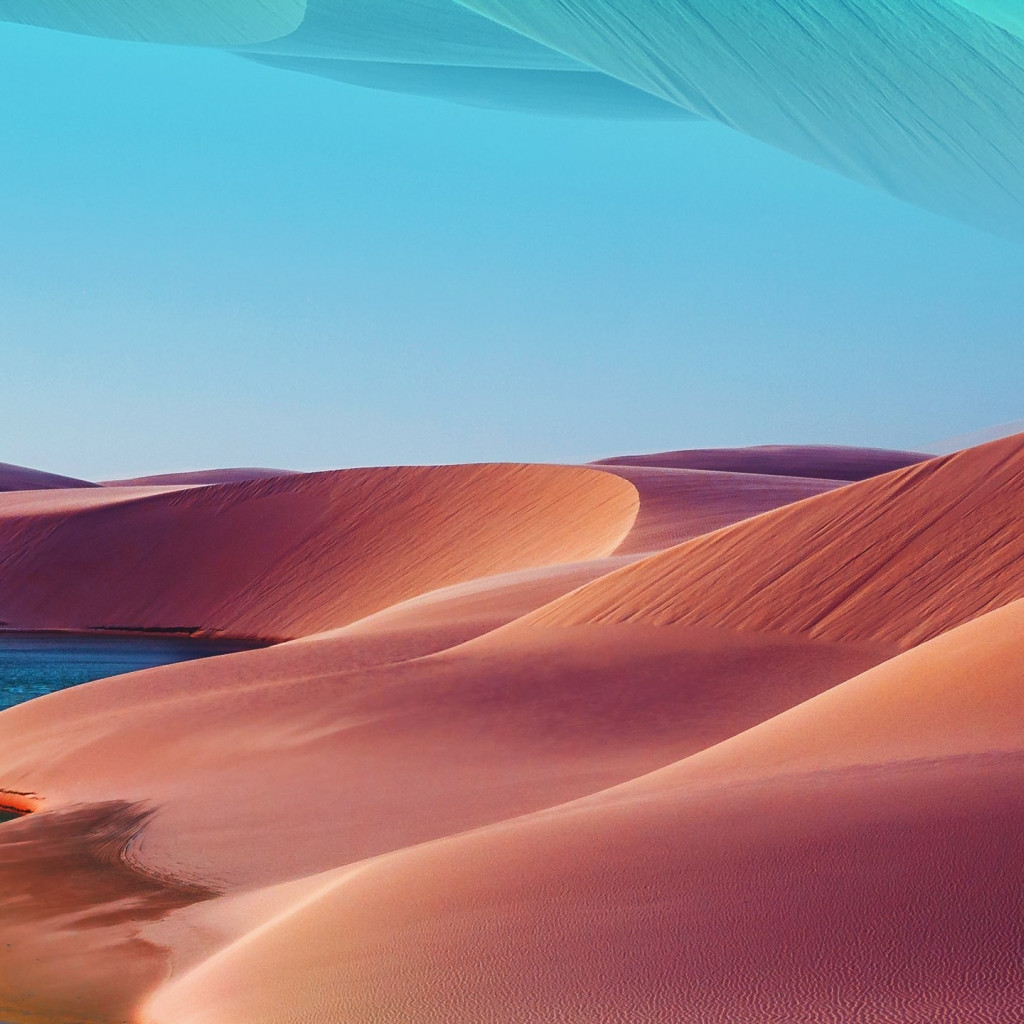Desert dunes, lake, blue sky, hot day wallpaper 1024x1024