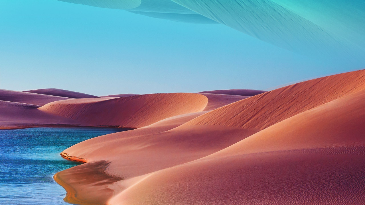 Desert dunes, lake, blue sky, hot day wallpaper 1280x720