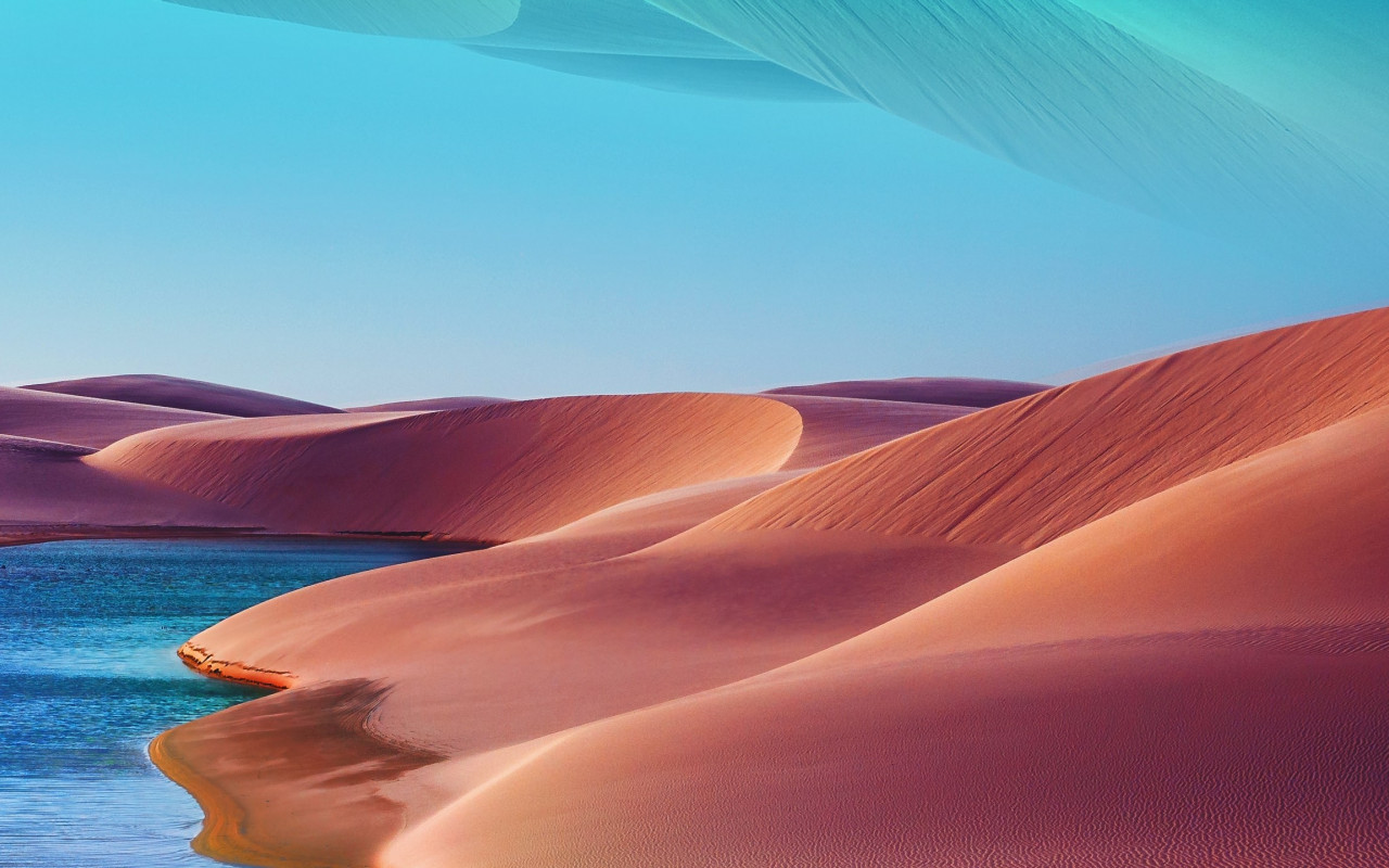 Desert dunes, lake, blue sky, hot day wallpaper 1280x800