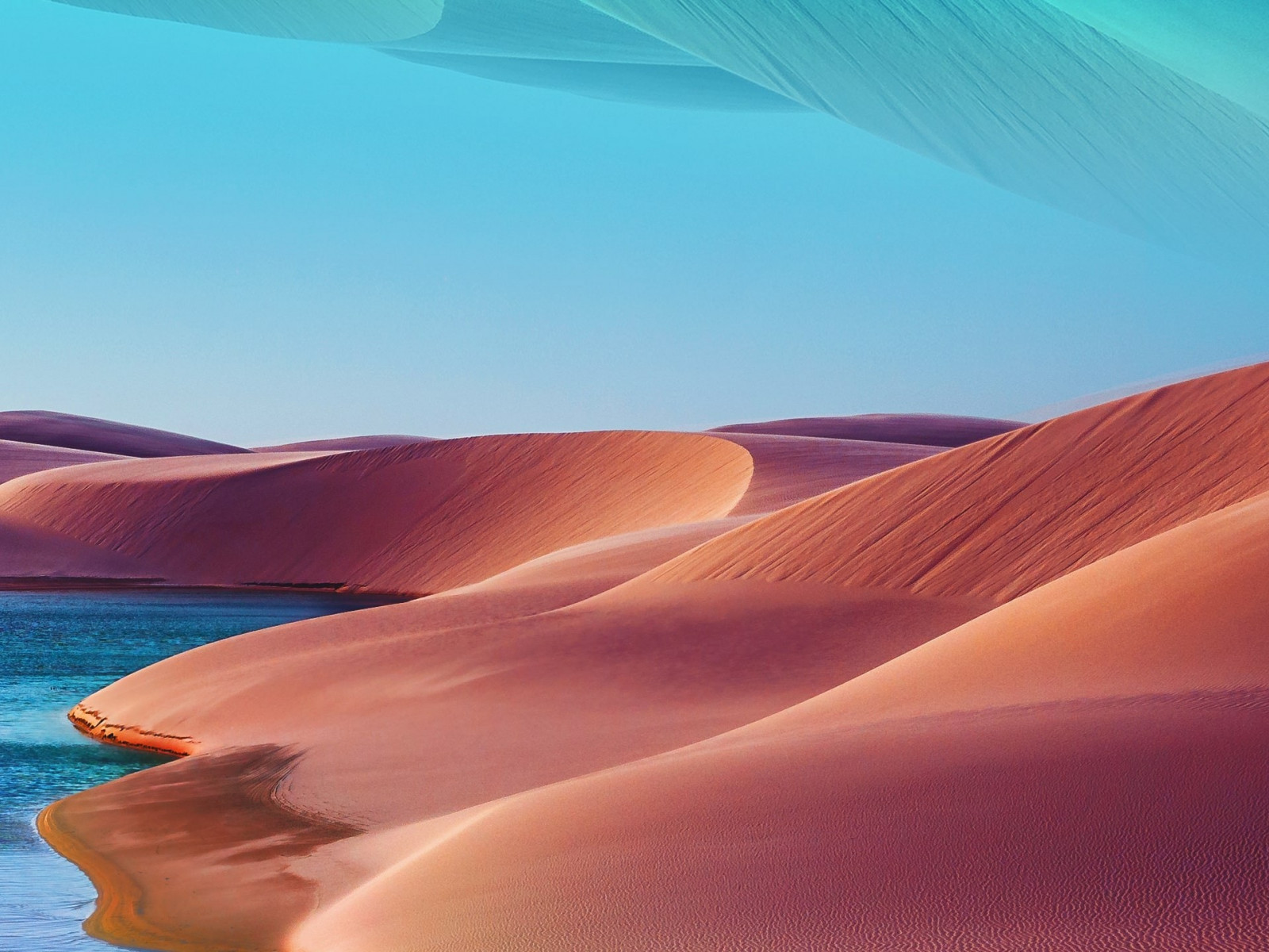 Desert dunes, lake, blue sky, hot day wallpaper 1600x1200