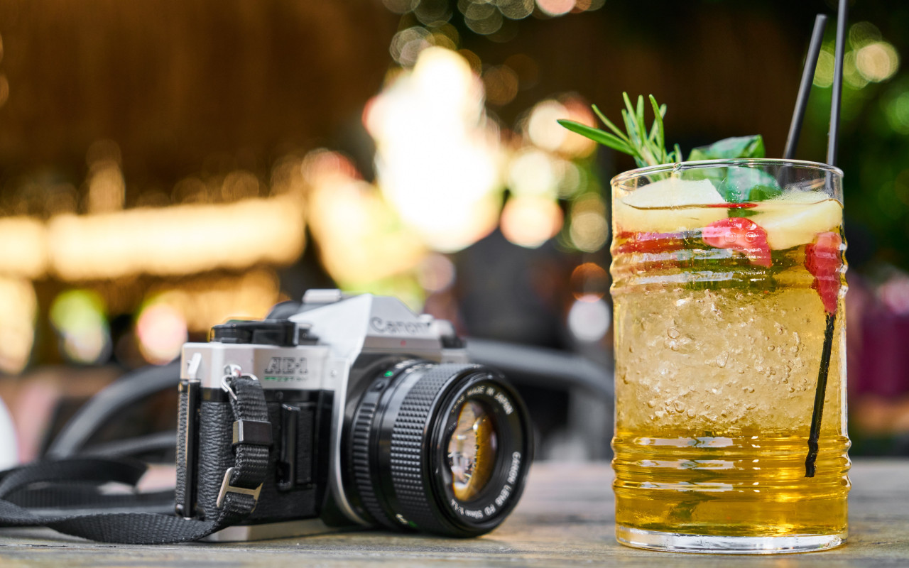 Retro photo camera and one cold drink wallpaper 1280x800