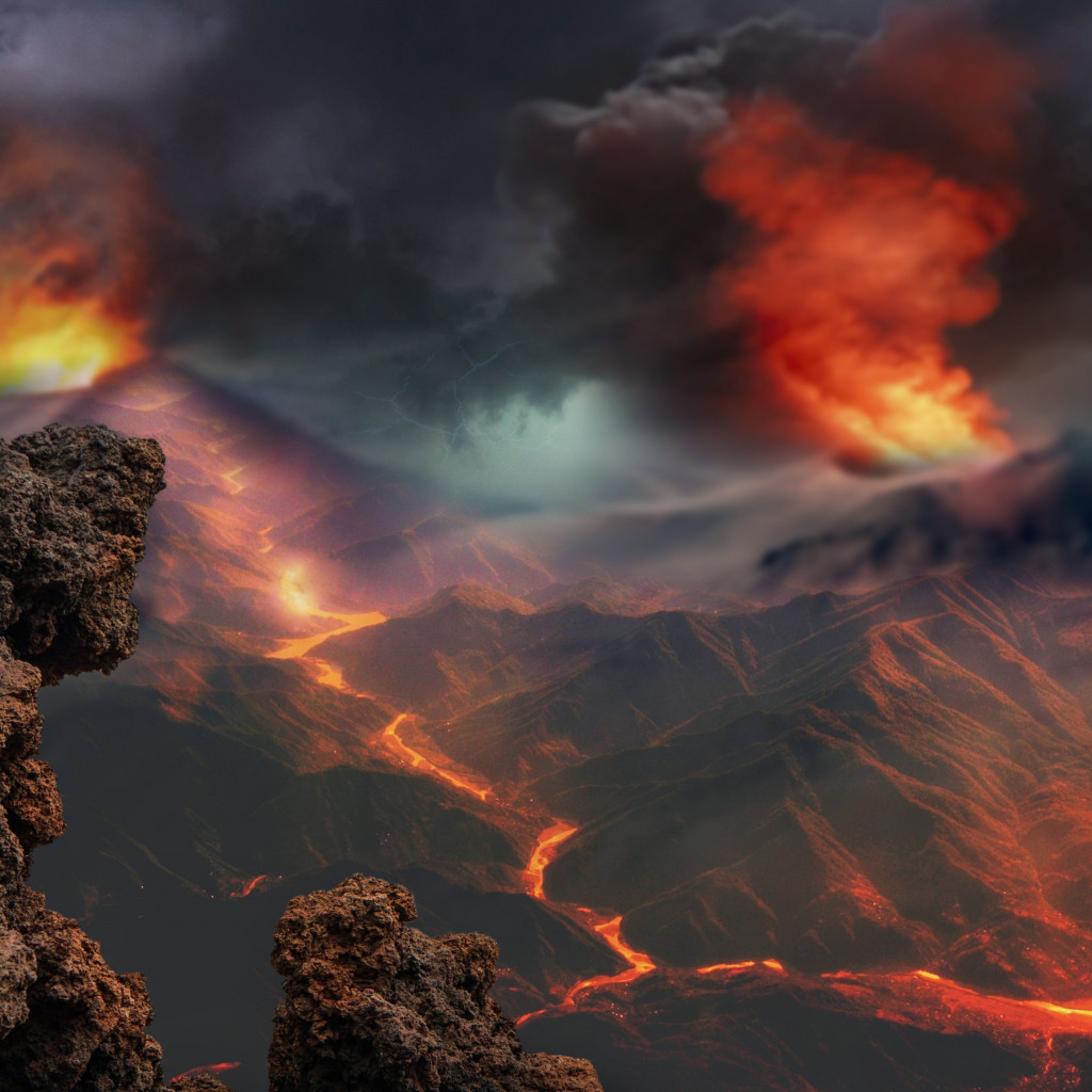 Volcanoes eruption and lava flow wallpaper 1024x1024