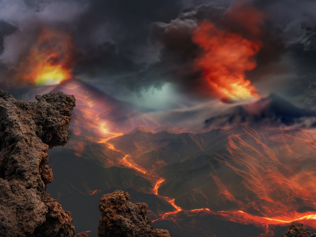 Volcanoes eruption and lava flow wallpaper 1024x768