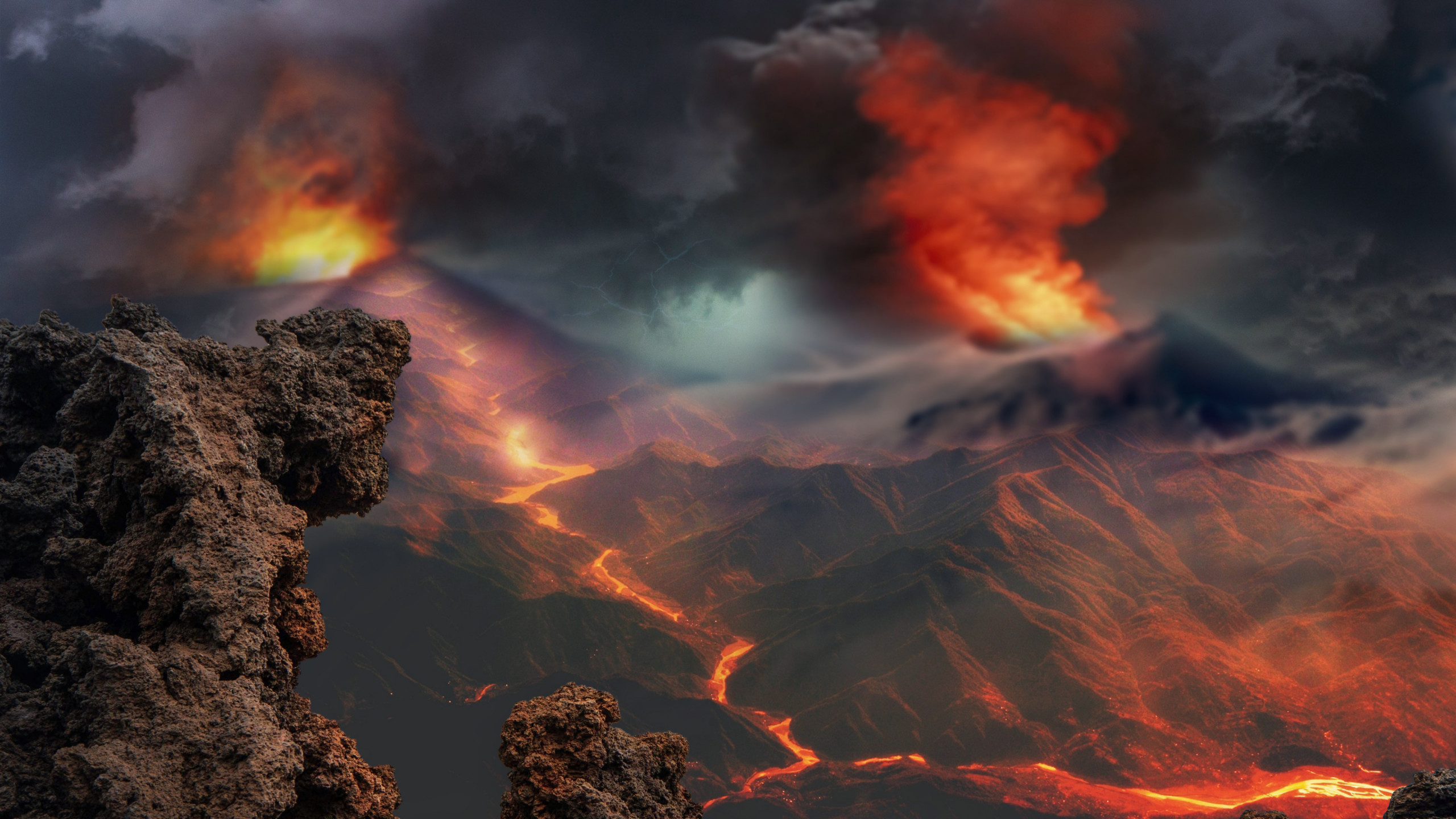 Volcanoes eruption and lava flow wallpaper 2560x1440