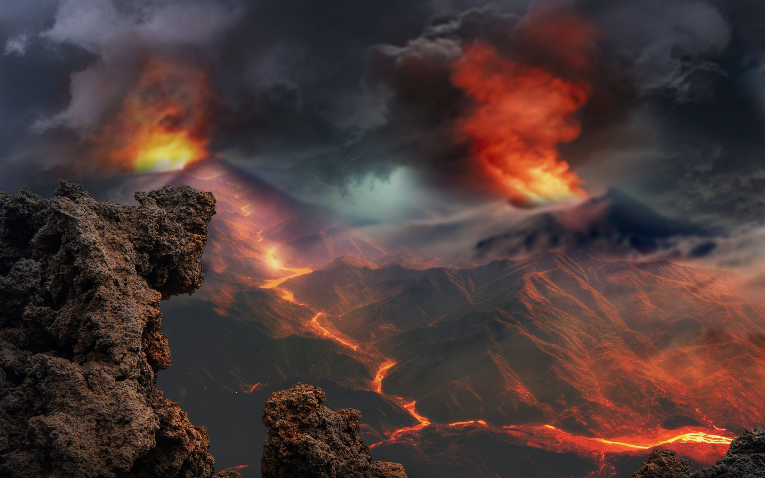 Download wallpaper: Volcanoes eruption and lava flow 2560x1600