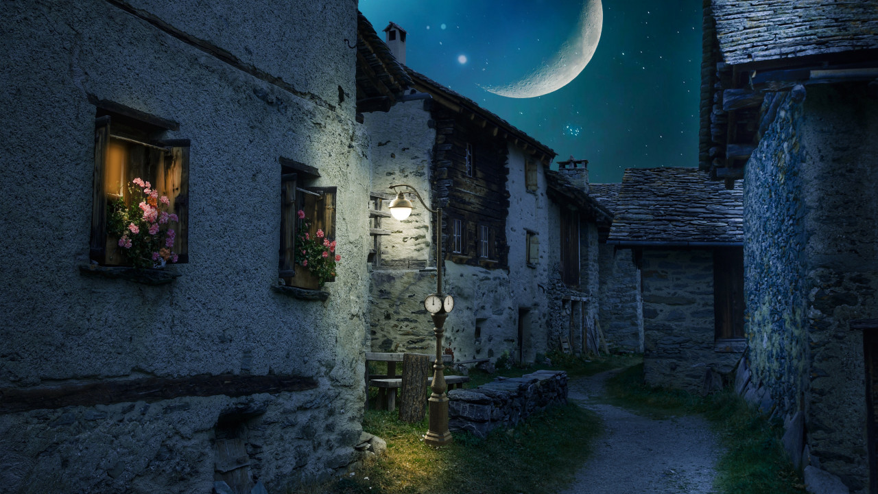 Walk through the medieval city under the moonlight wallpaper 1280x720