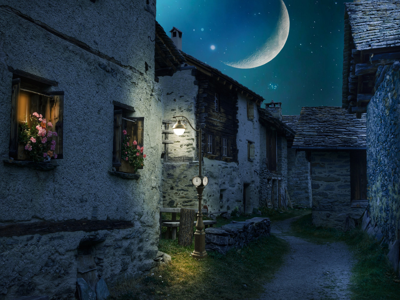 Walk through the medieval city under the moonlight wallpaper 1280x960