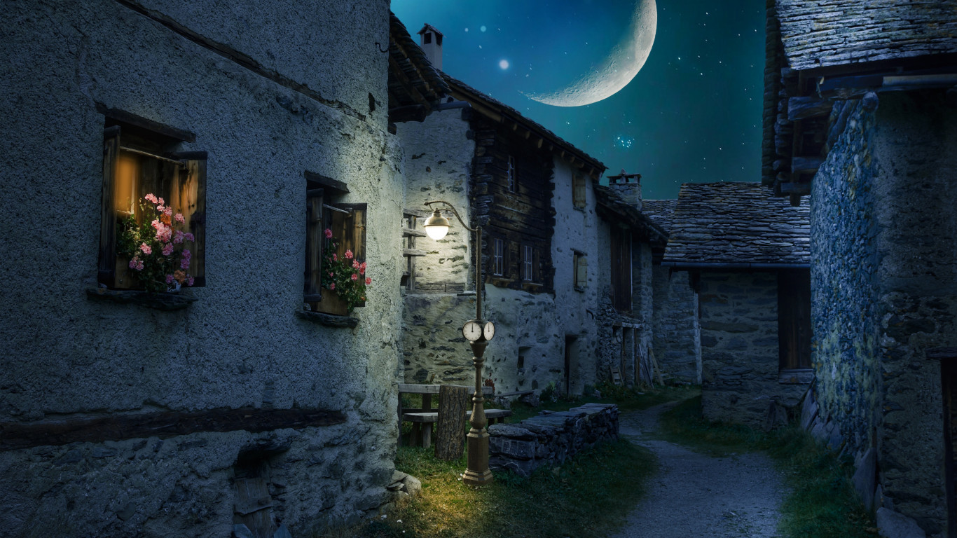 Walk through the medieval city under the moonlight wallpaper 1366x768