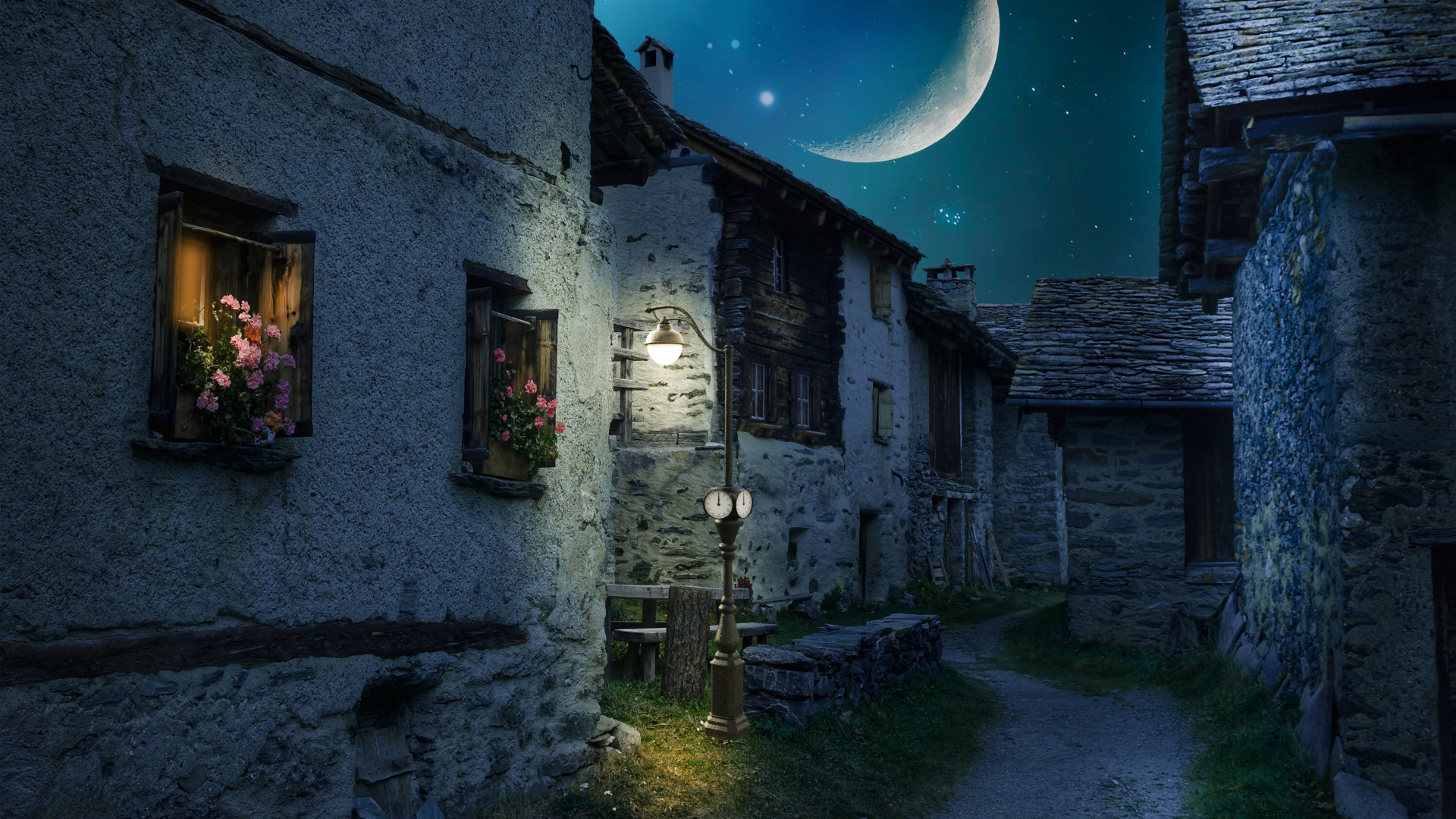Walk through the medieval city under the moonlight wallpaper 1920x1080