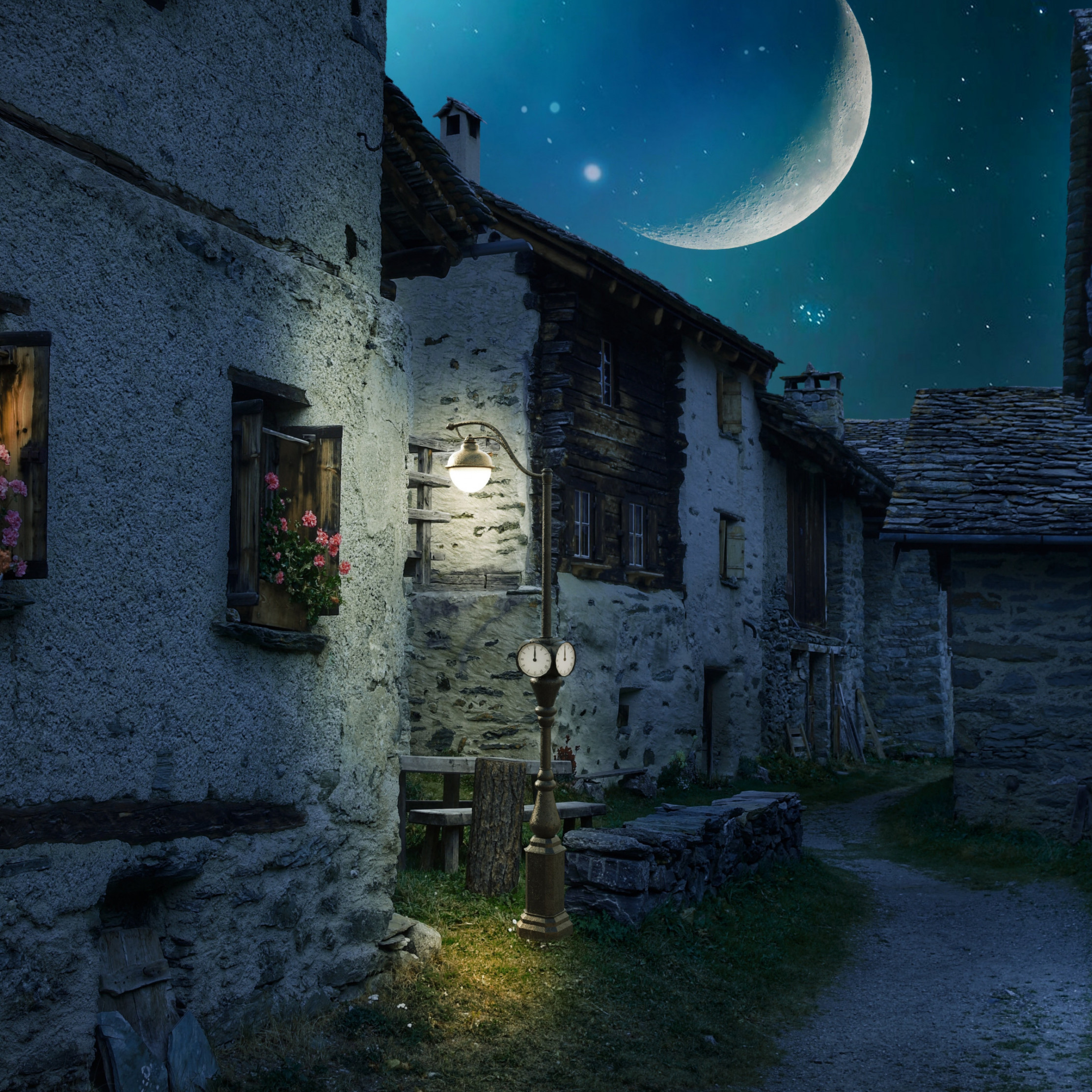 Walk through the medieval city under the moonlight wallpaper 2224x2224