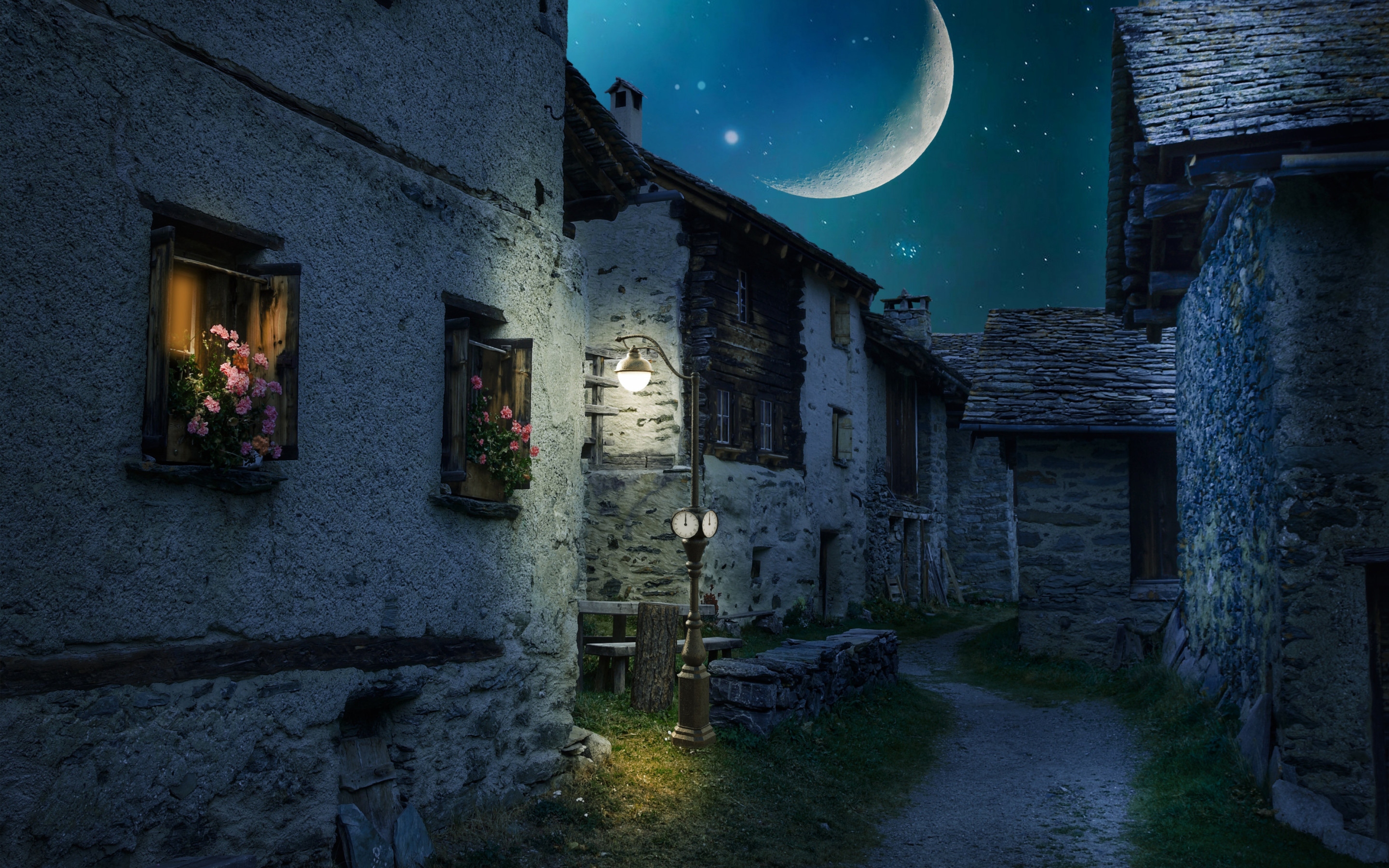 Walk through the medieval city under the moonlight wallpaper 2880x1800