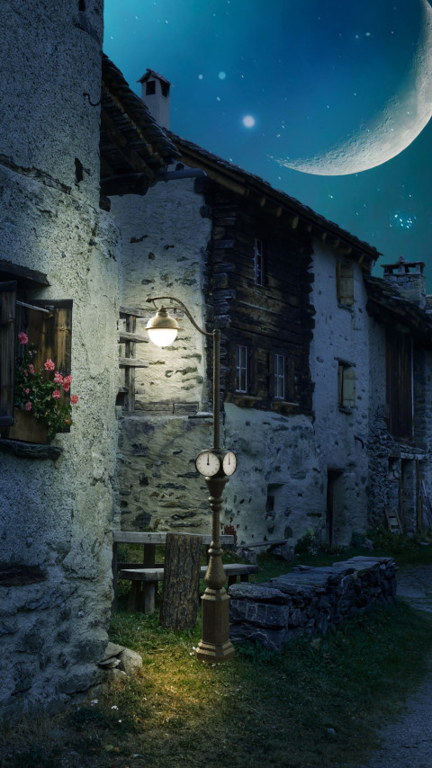 Walk through the medieval city under the moonlight wallpaper 480x854