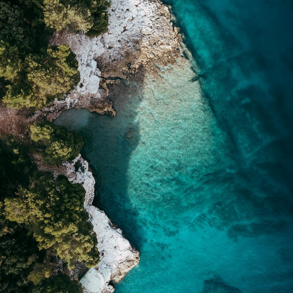 View from a drone above the ocean shore wallpaper 1024x1024