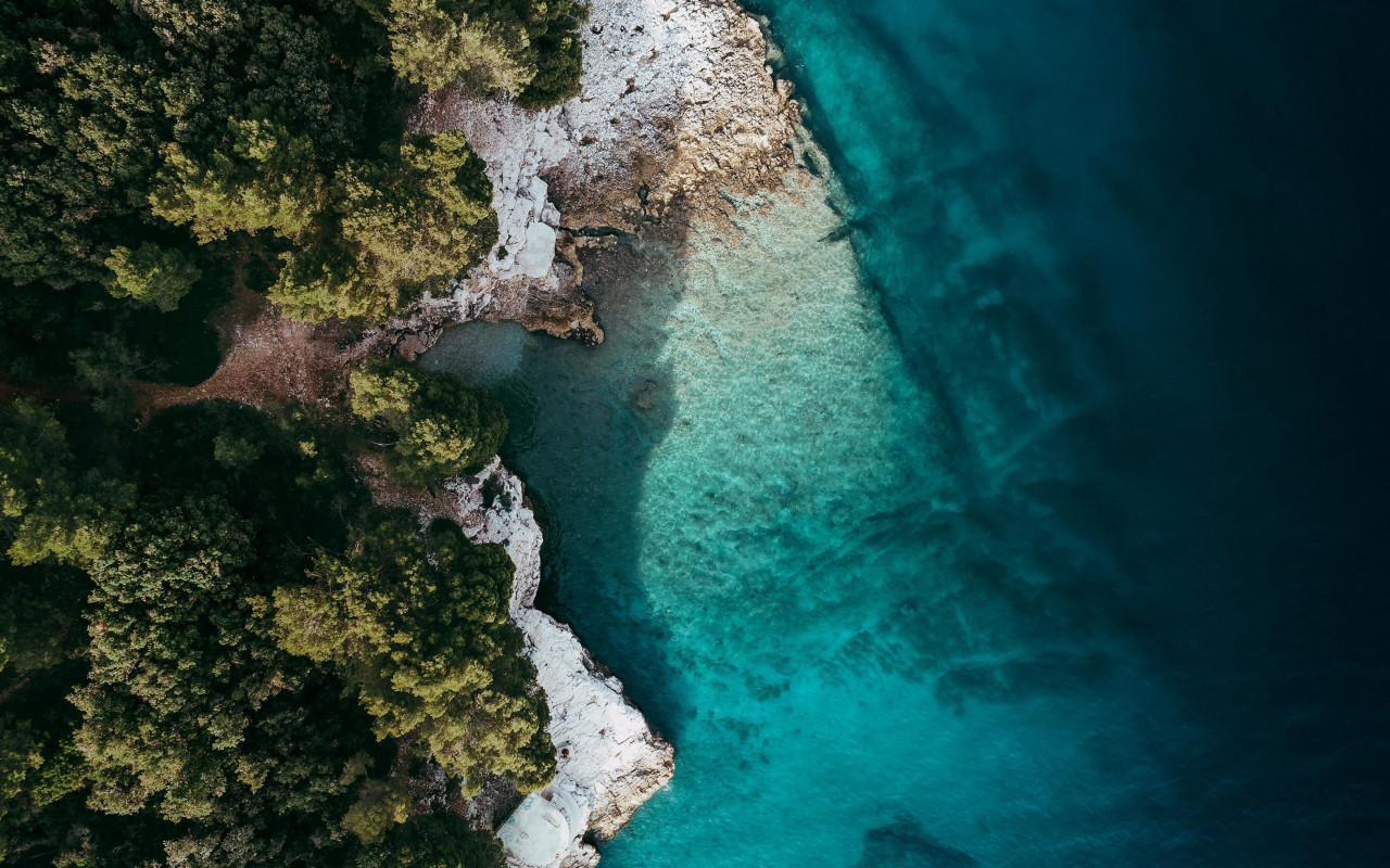 View from a drone above the ocean shore wallpaper 1280x800