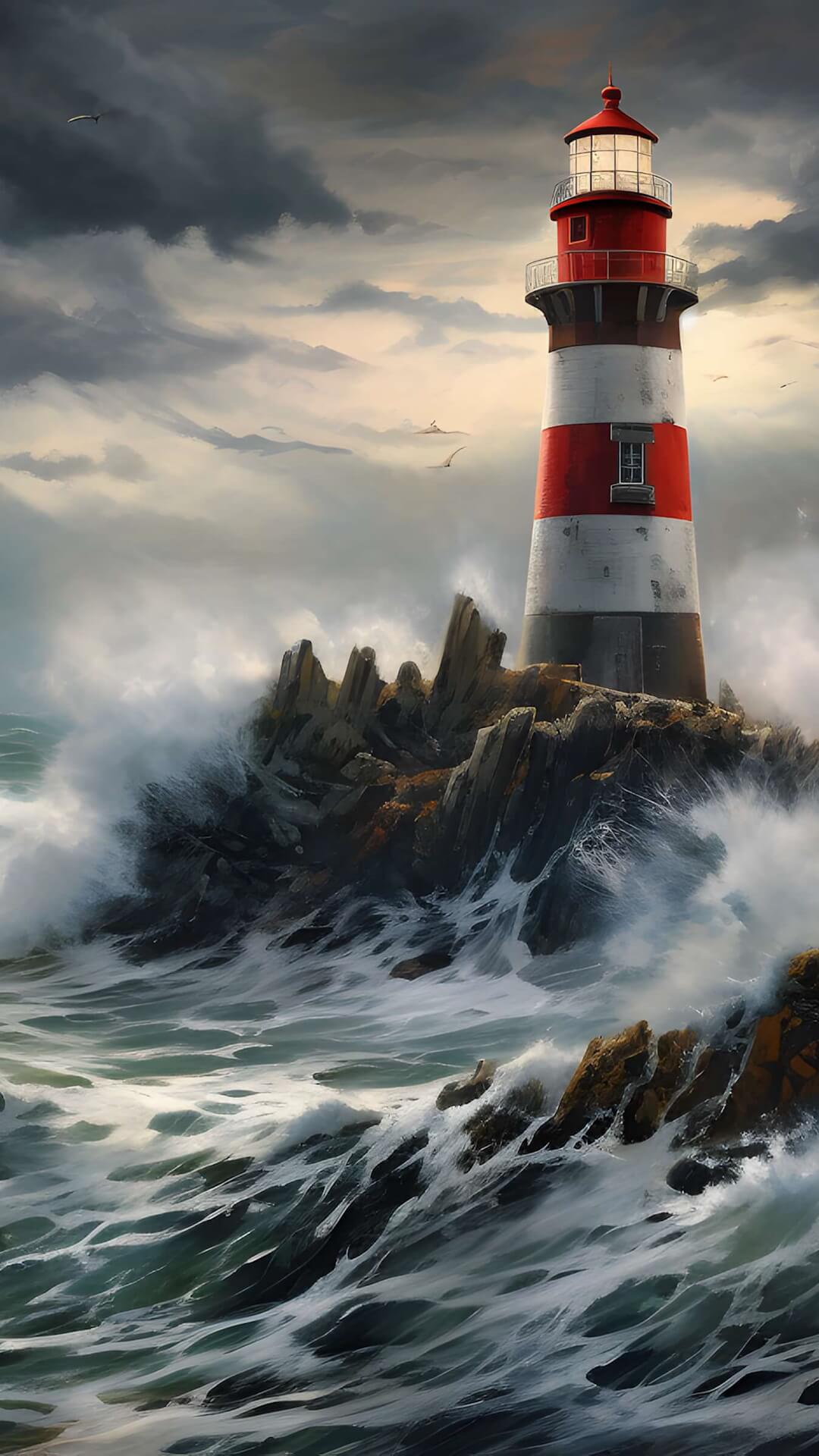 Lighthouse in the ocean waves wallpaper 1080x1920