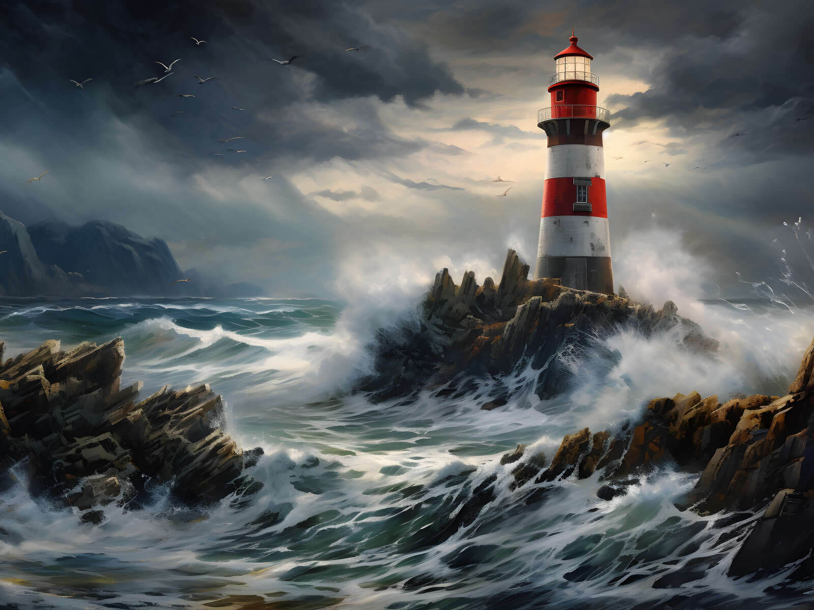 Lighthouse in the ocean waves wallpaper 1024x768