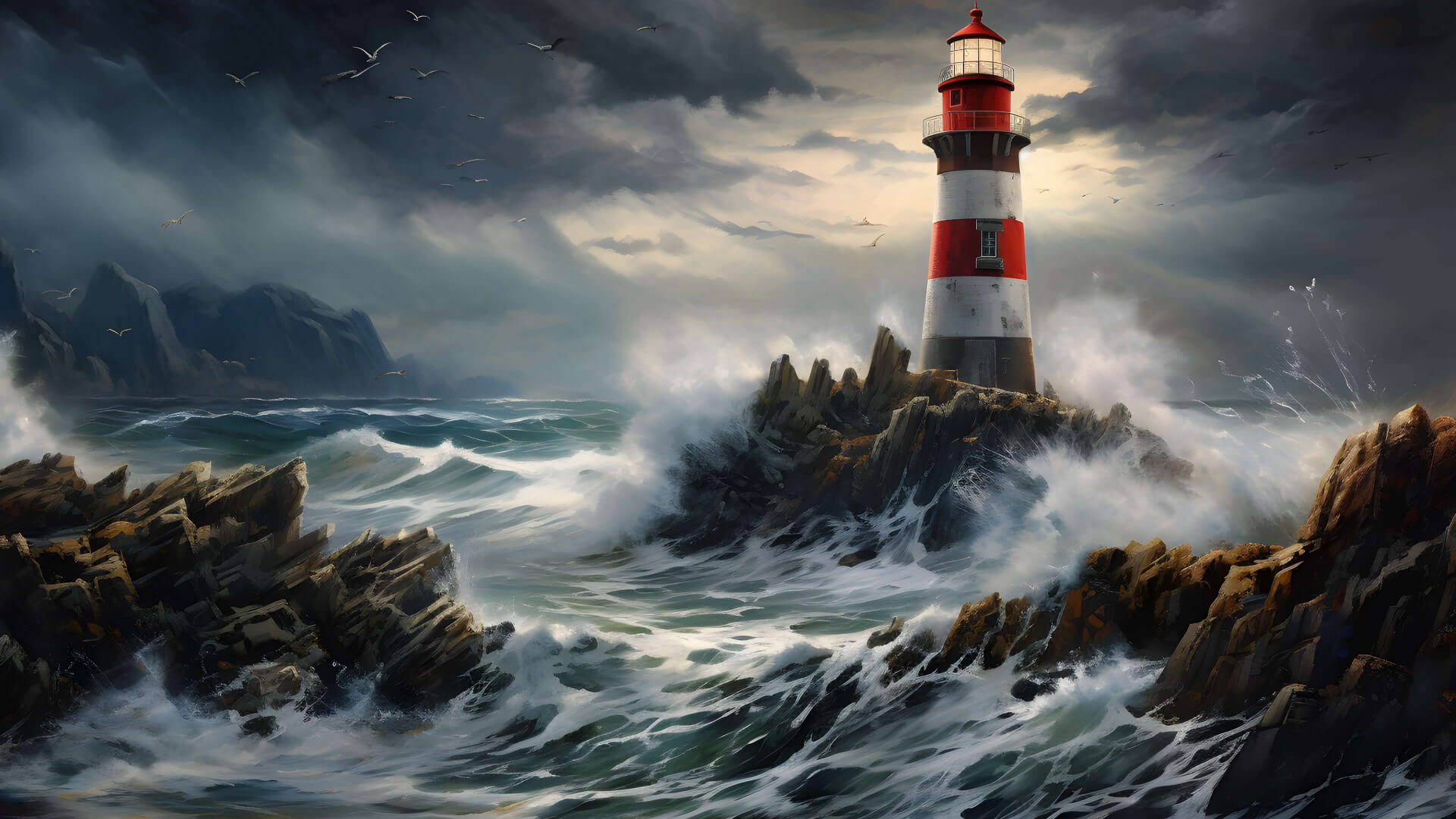 Lighthouse in the ocean waves wallpaper 1920x1080