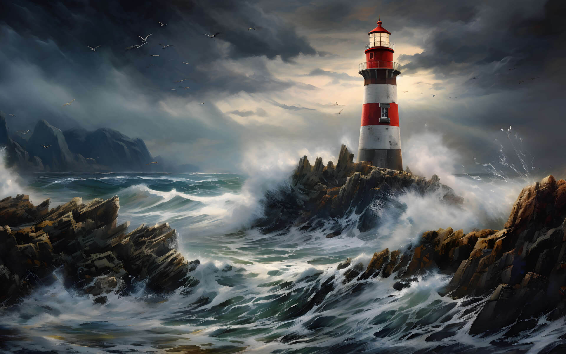 Lighthouse in the ocean waves wallpaper 1440x900