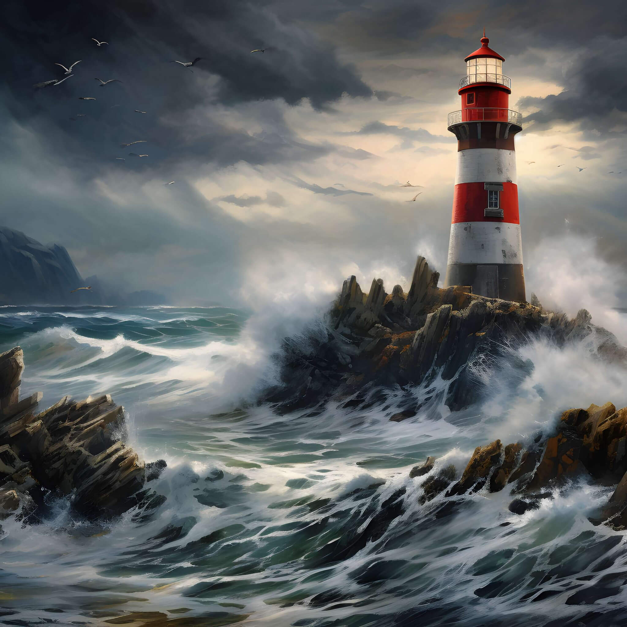 Lighthouse in the ocean waves wallpaper 2048x2048