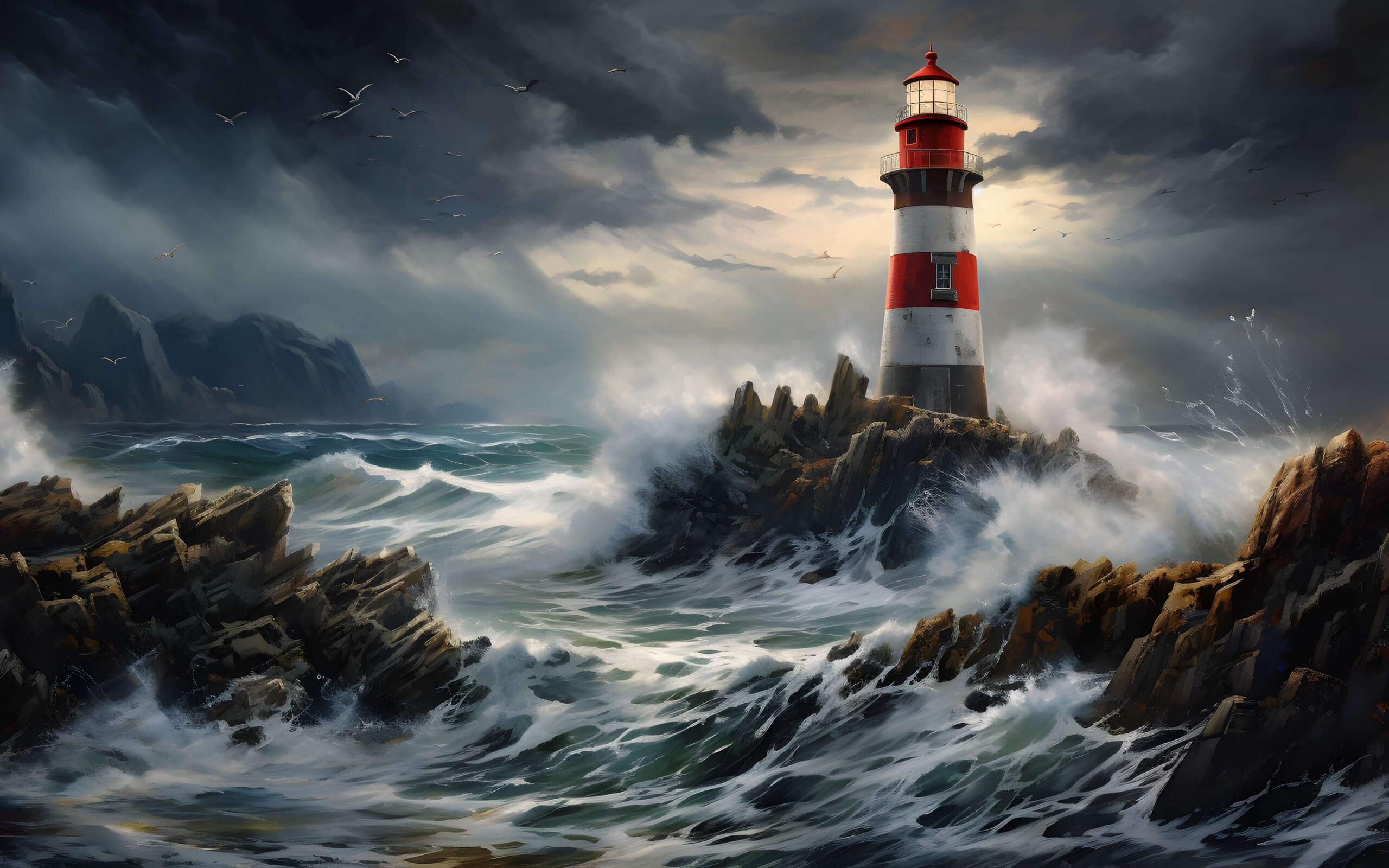 Lighthouse in the ocean waves wallpaper 2560x1600
