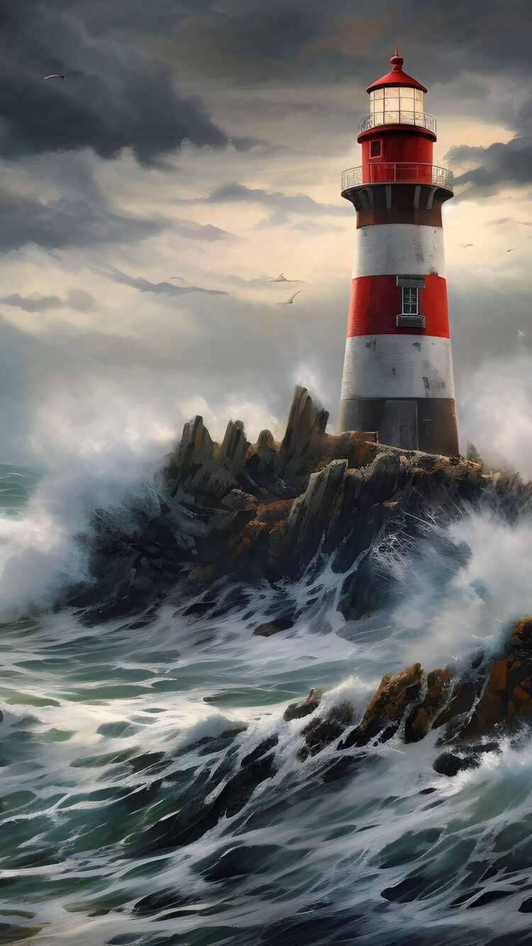Lighthouse in the ocean waves wallpaper 750x1334