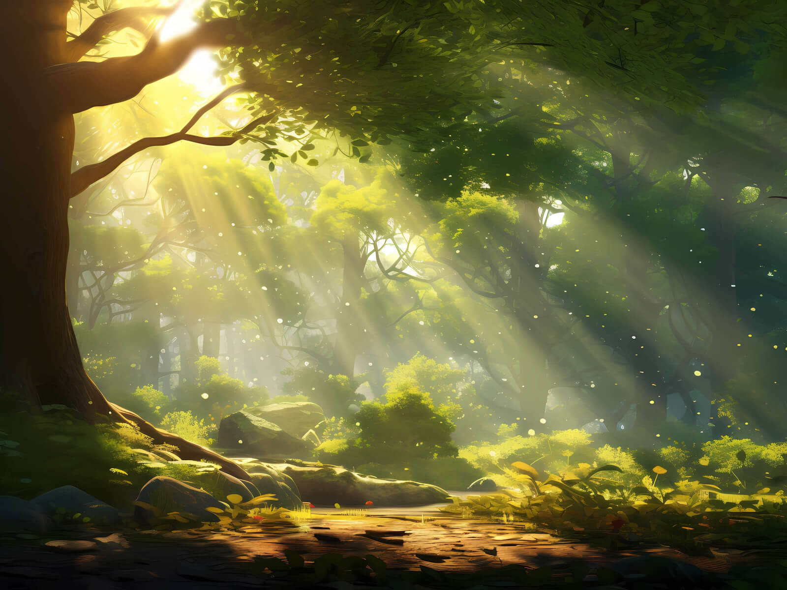 Sunbeams through forest wallpaper 1024x768