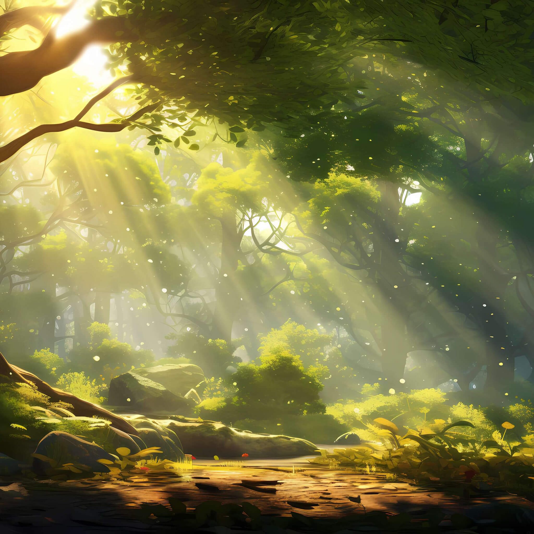Sunbeams through forest wallpaper 2048x2048