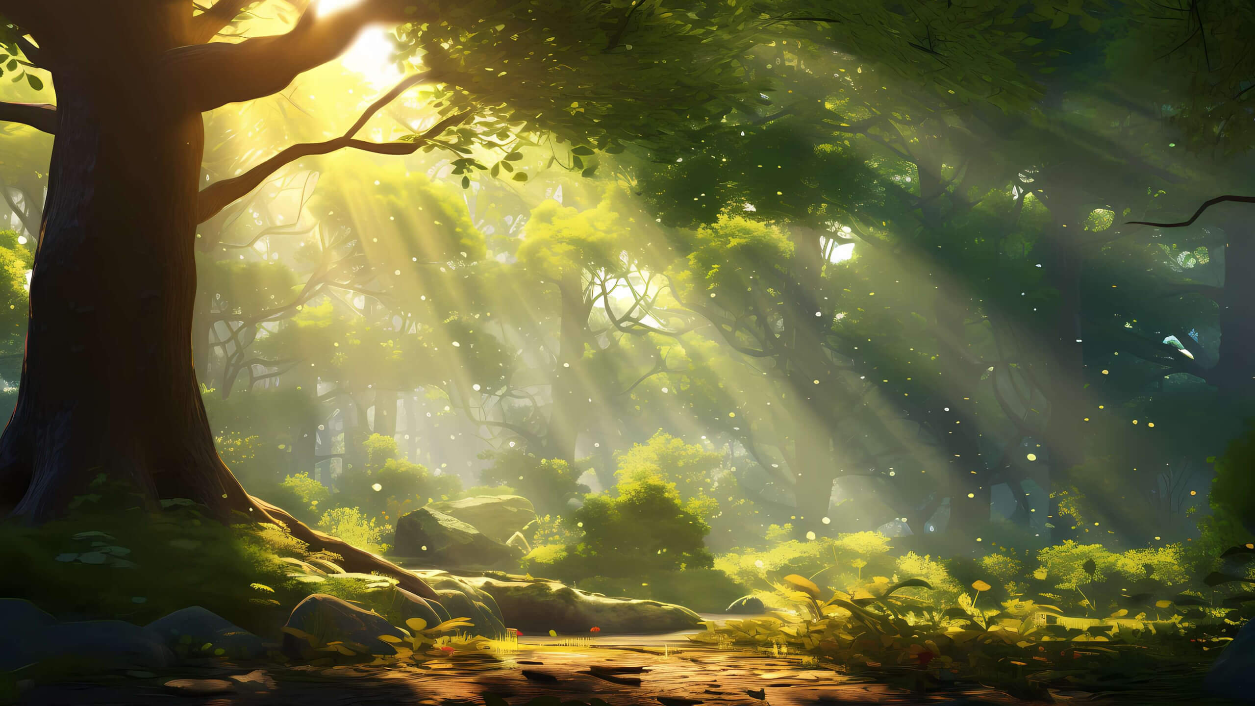 Sunbeams through forest wallpaper 2560x1440