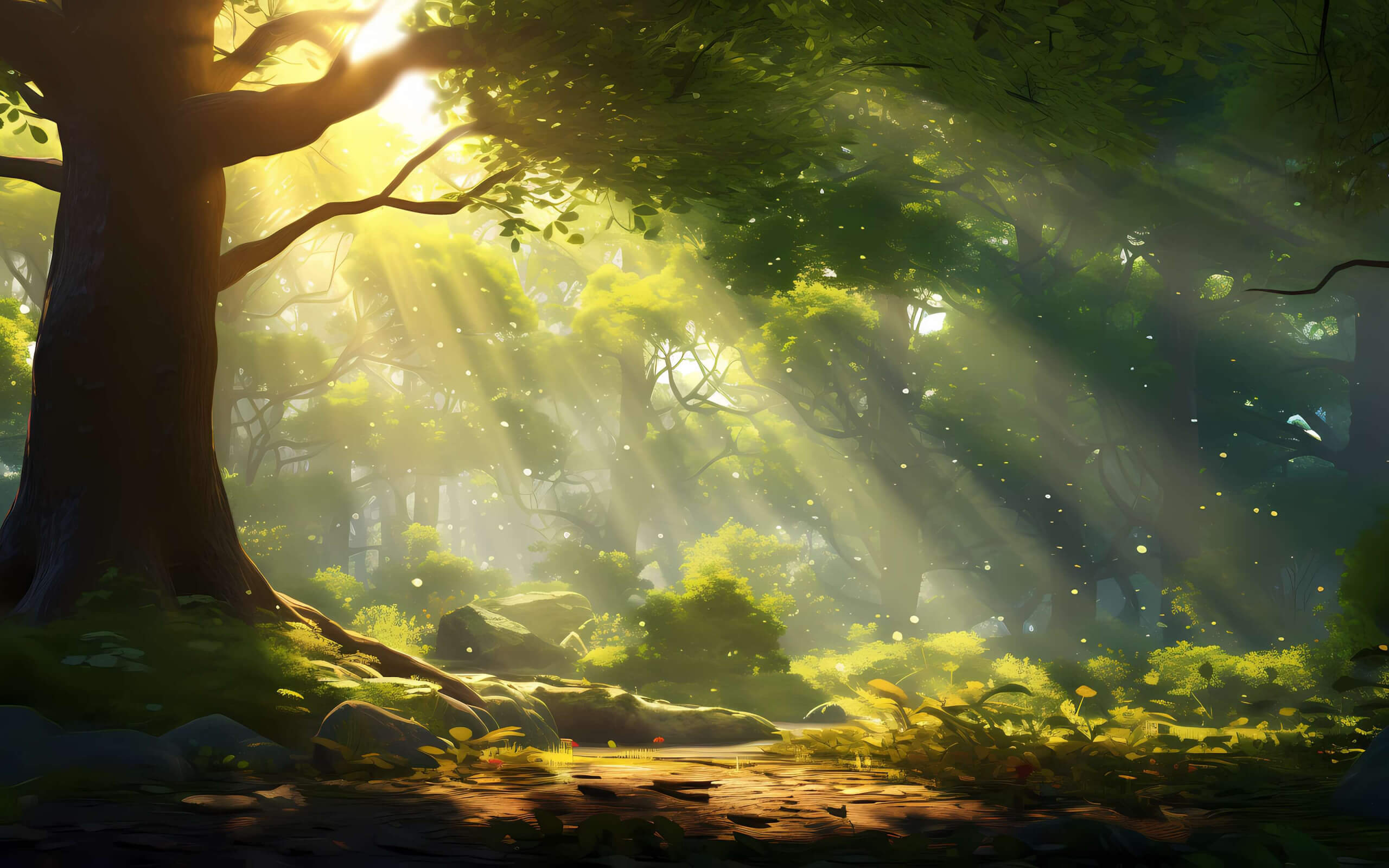 Sunbeams through forest wallpaper 2560x1600