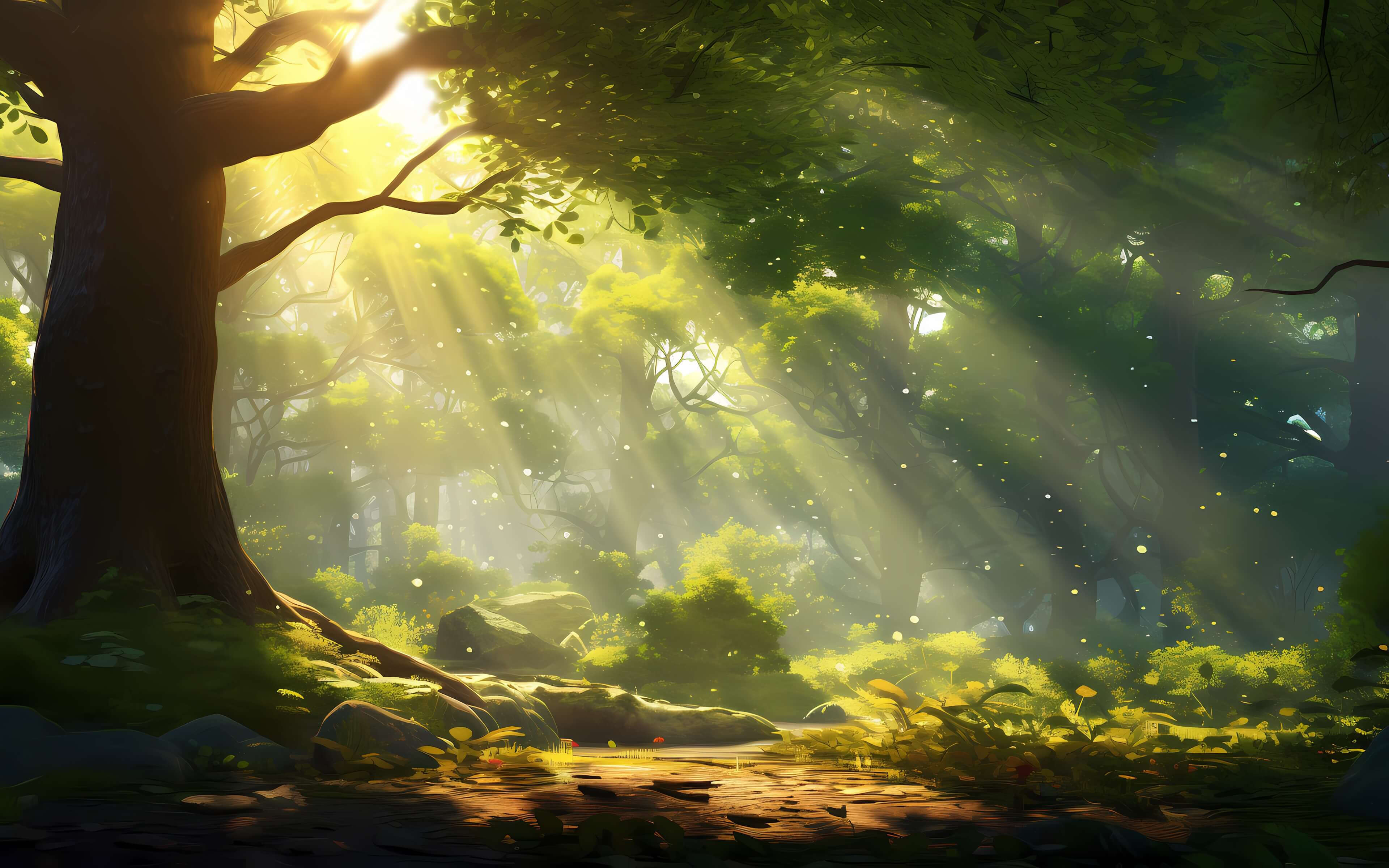 Sunbeams through forest wallpaper 3840x2400