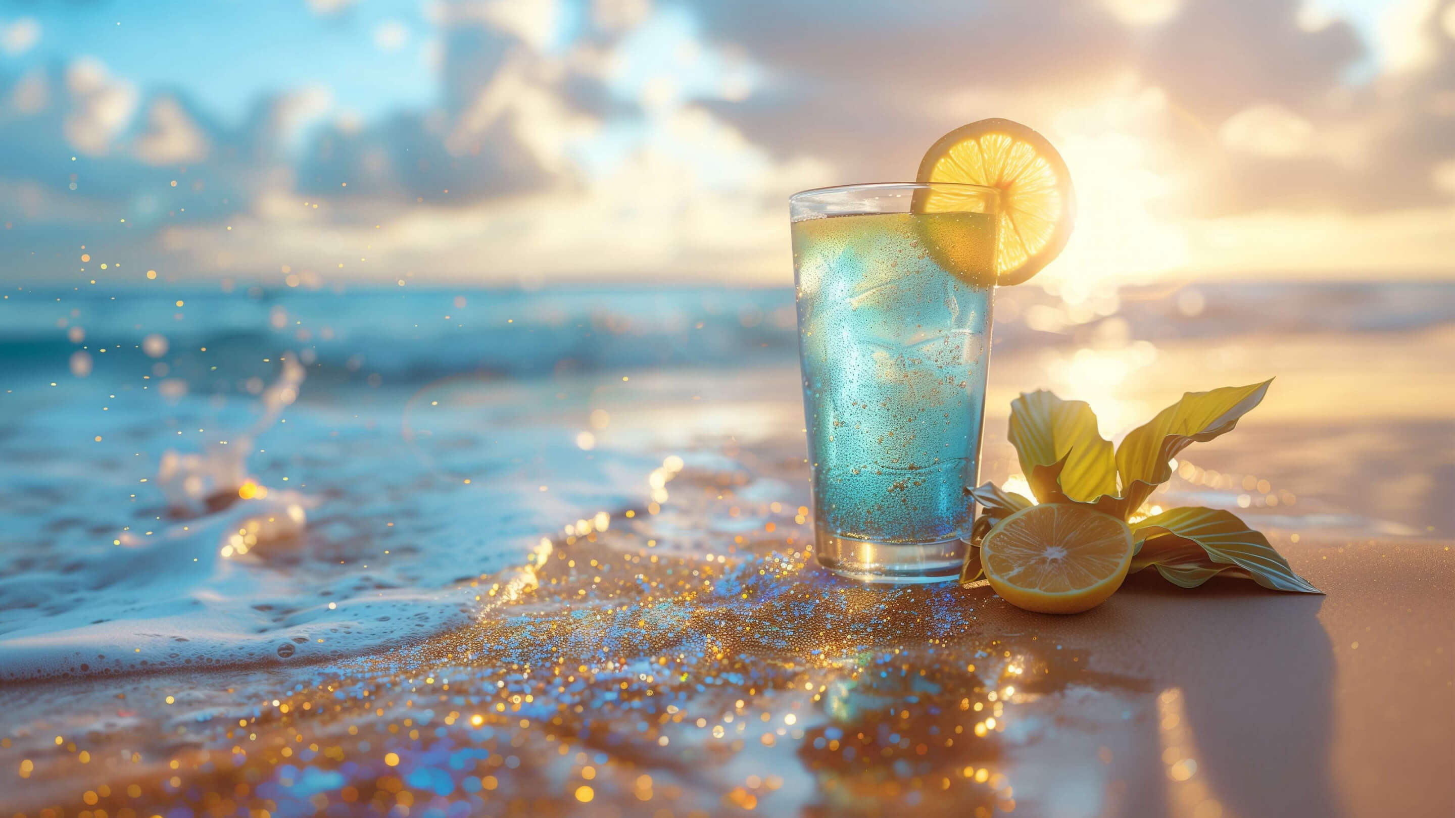 Cold drink on the ocean shore wallpaper 2880x1620