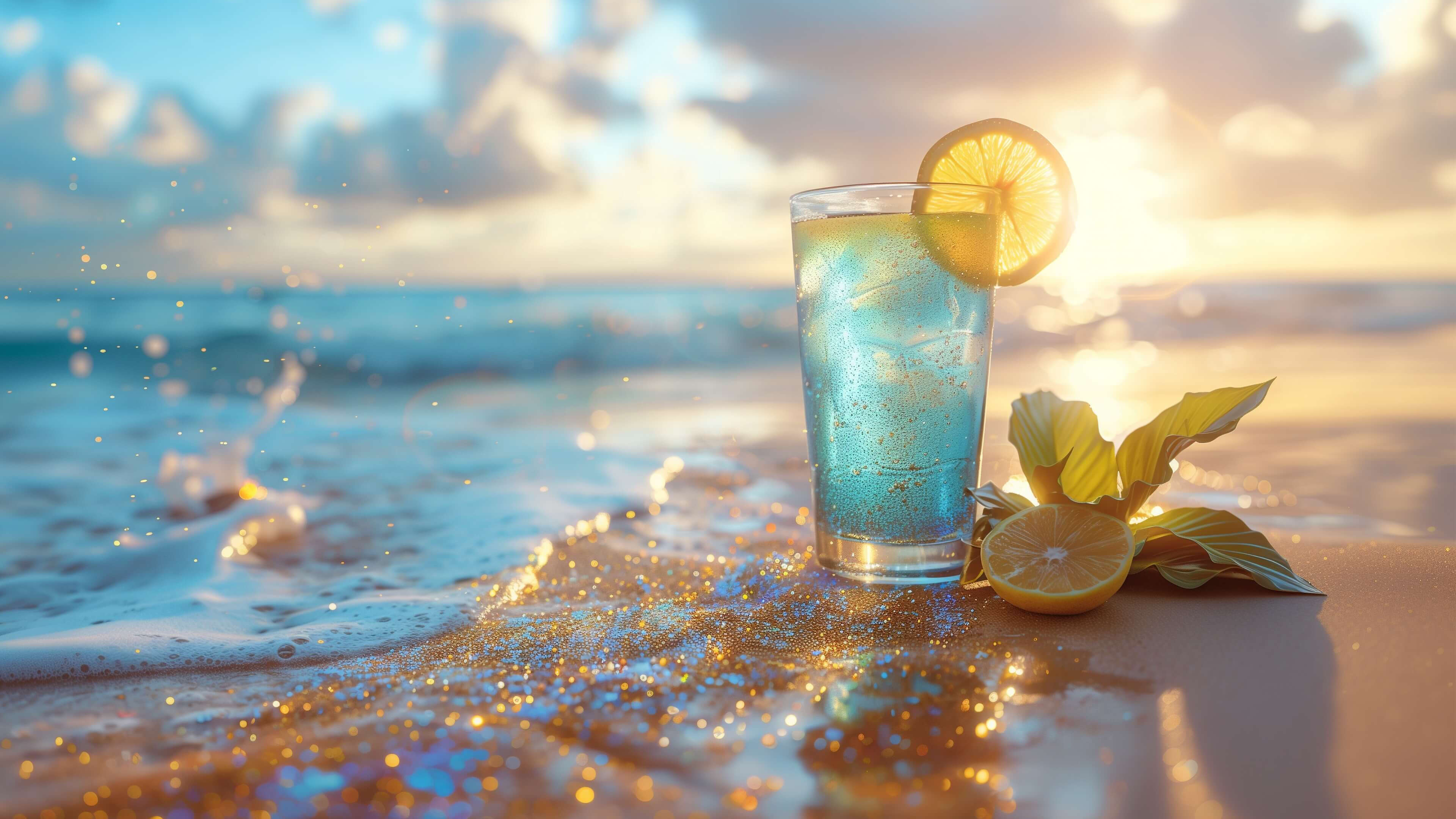 Cold drink on the ocean shore wallpaper 3840x2160