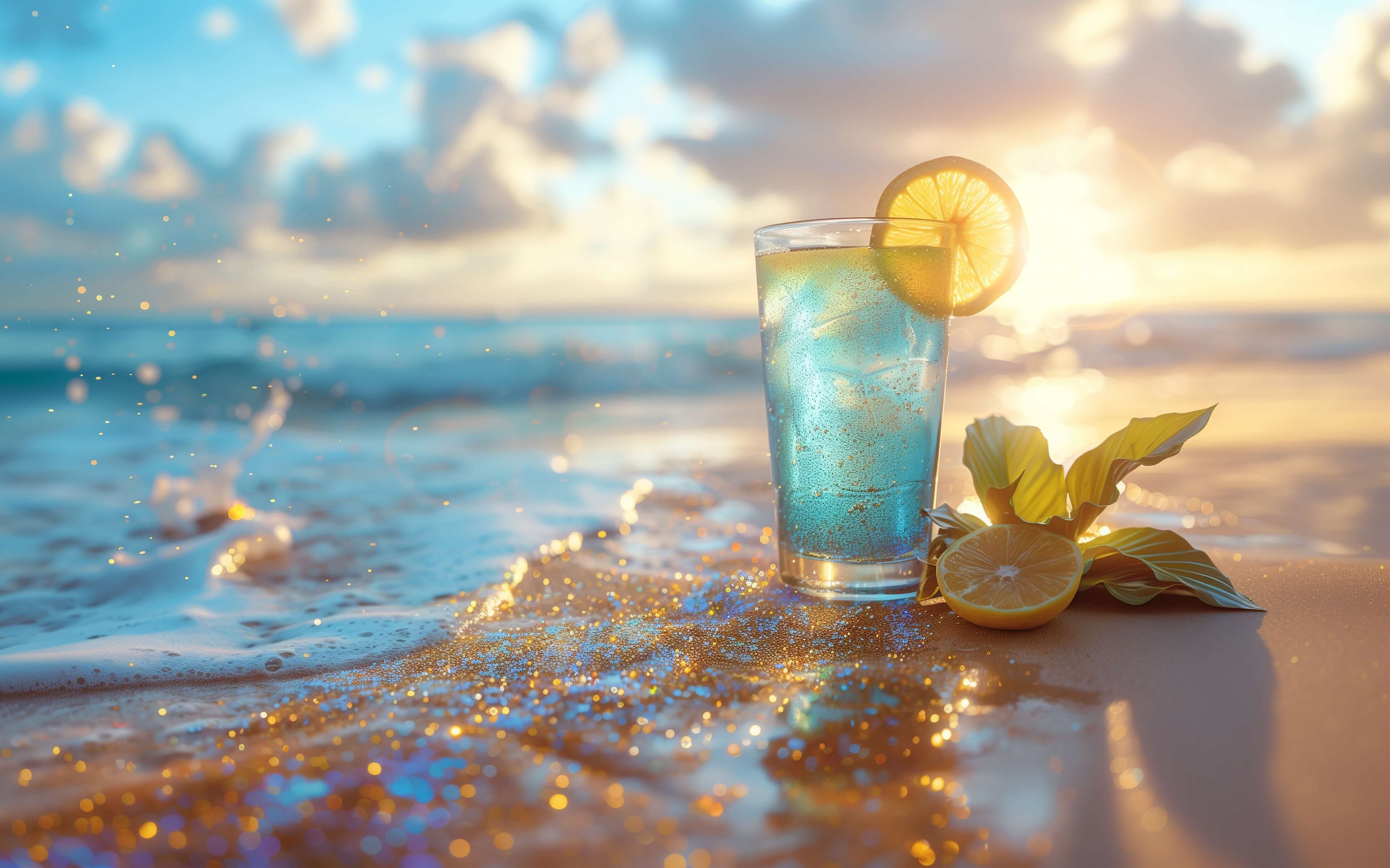 Cold drink on the ocean shore wallpaper 3840x2400