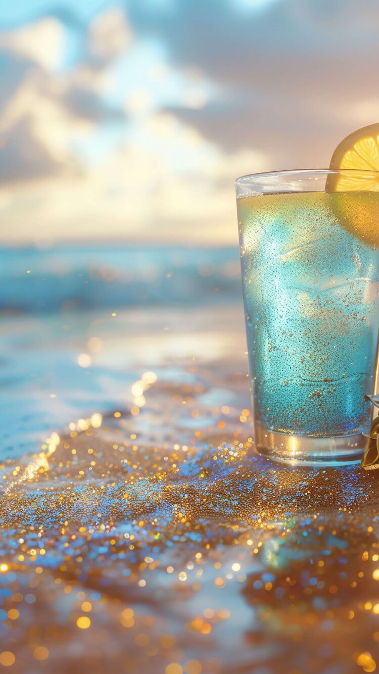 Cold drink on the ocean shore wallpaper 750x1334